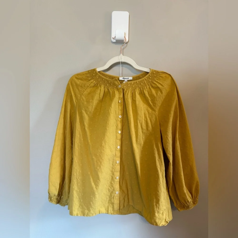 Madewell • Floral Embroidered Smocked Neck Raglan Top Ornate Gold Sz Small - Picture 3 of 9